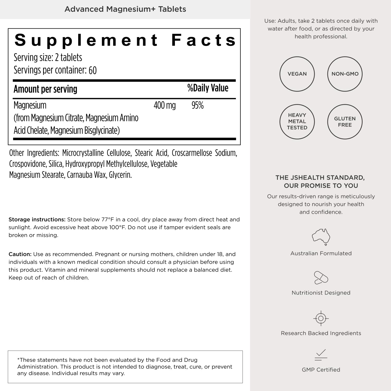 JSHealth Magnesium Supplement for Sleep. 400mg Triple-Form Glycinate, Citrate, Amino Acid Chelate
