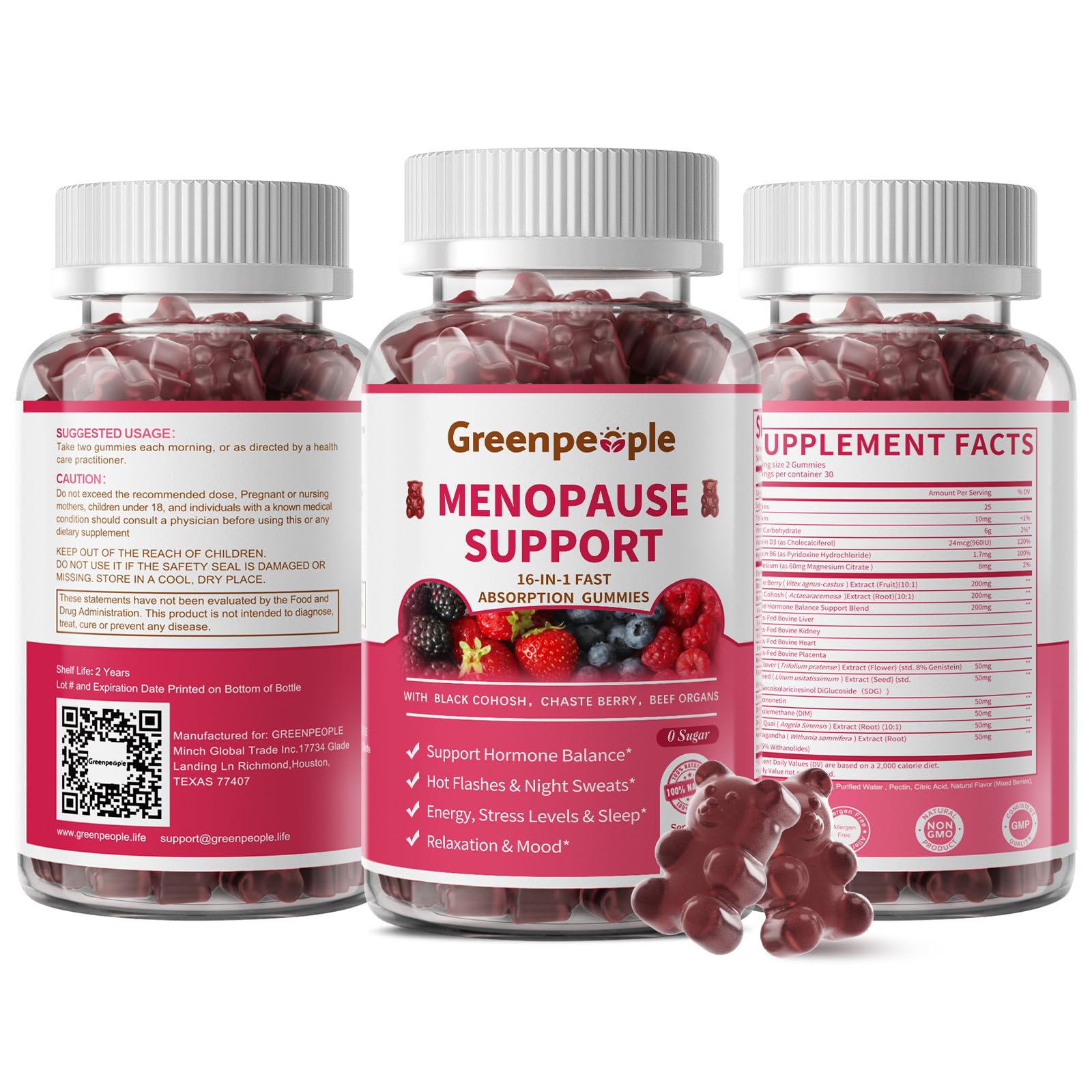 GREENPEOPLE Menopause Supplements for Women Gummies - 16-in-1 Dual Action Menopause Relief W/Black Cohosh, Vitex, Beef Organs for Hormone Balance, Hot Flashes, Night Sweats & Mood, Sugar-Free 60 CT GREENPEOPLE Au supplements