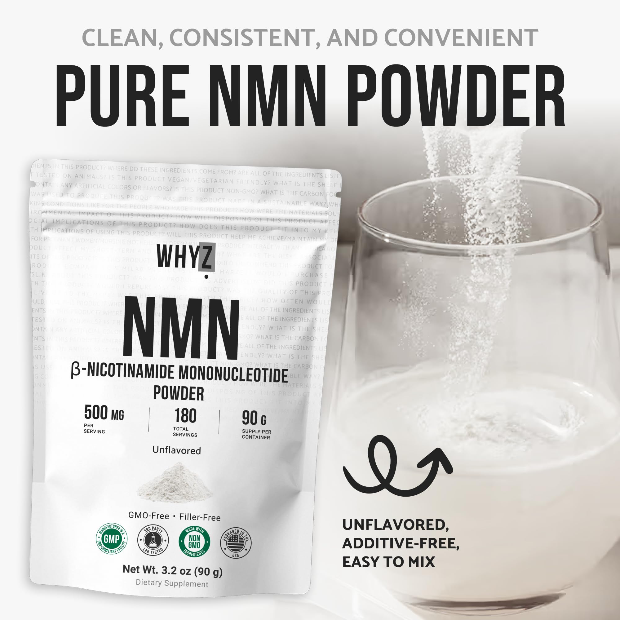 Pure NMN Powder Nicotinamide Mononucleotide Quick Dissolved NMN Supplement Powder 100% Unflavored NMN Supplement Supports NAD+ Levels Vegan Friendly Non-GMO, 90g WHYZ Au supplements