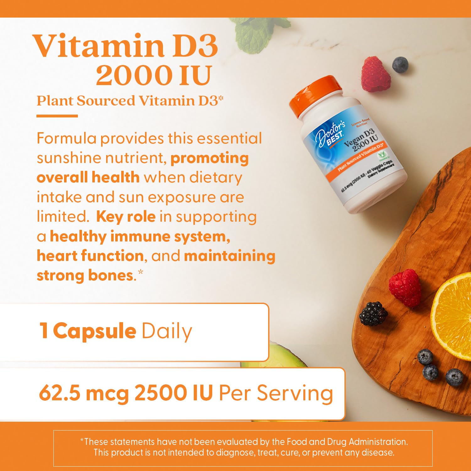 Doctors Best Vegan Vitamin D3 2500 IU Veg Caps - Vegan Vitamin D Supplement for Men & Women, Helps Support Calcium Absorption, Heart Health & Immune Support,