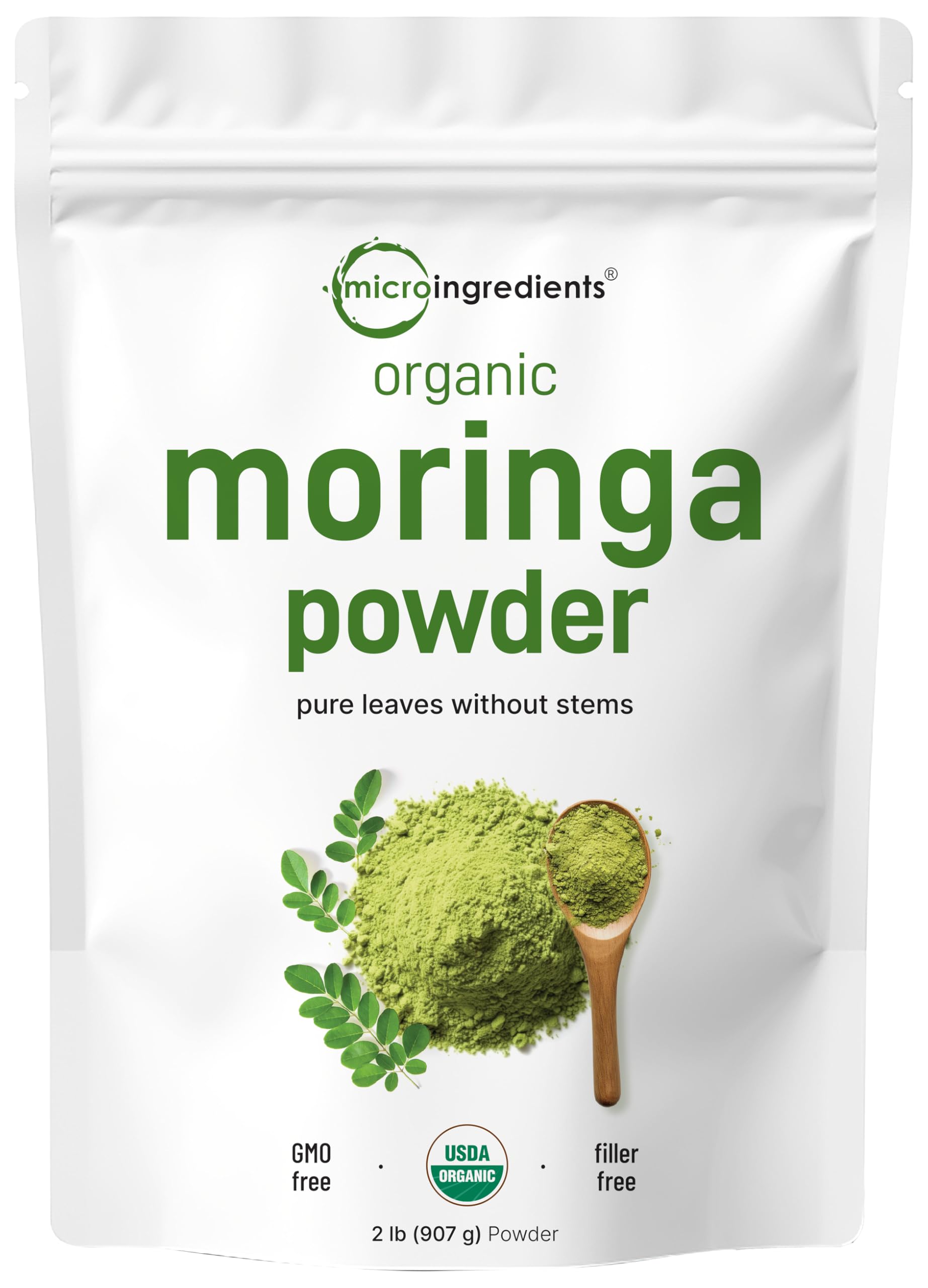 Micro Ingredients Organic Moringa Oleifera Leaf Powder, 2 Pound | Rich in Antioxidants & Immune Vitamins | Pure Leaves Without Stems |