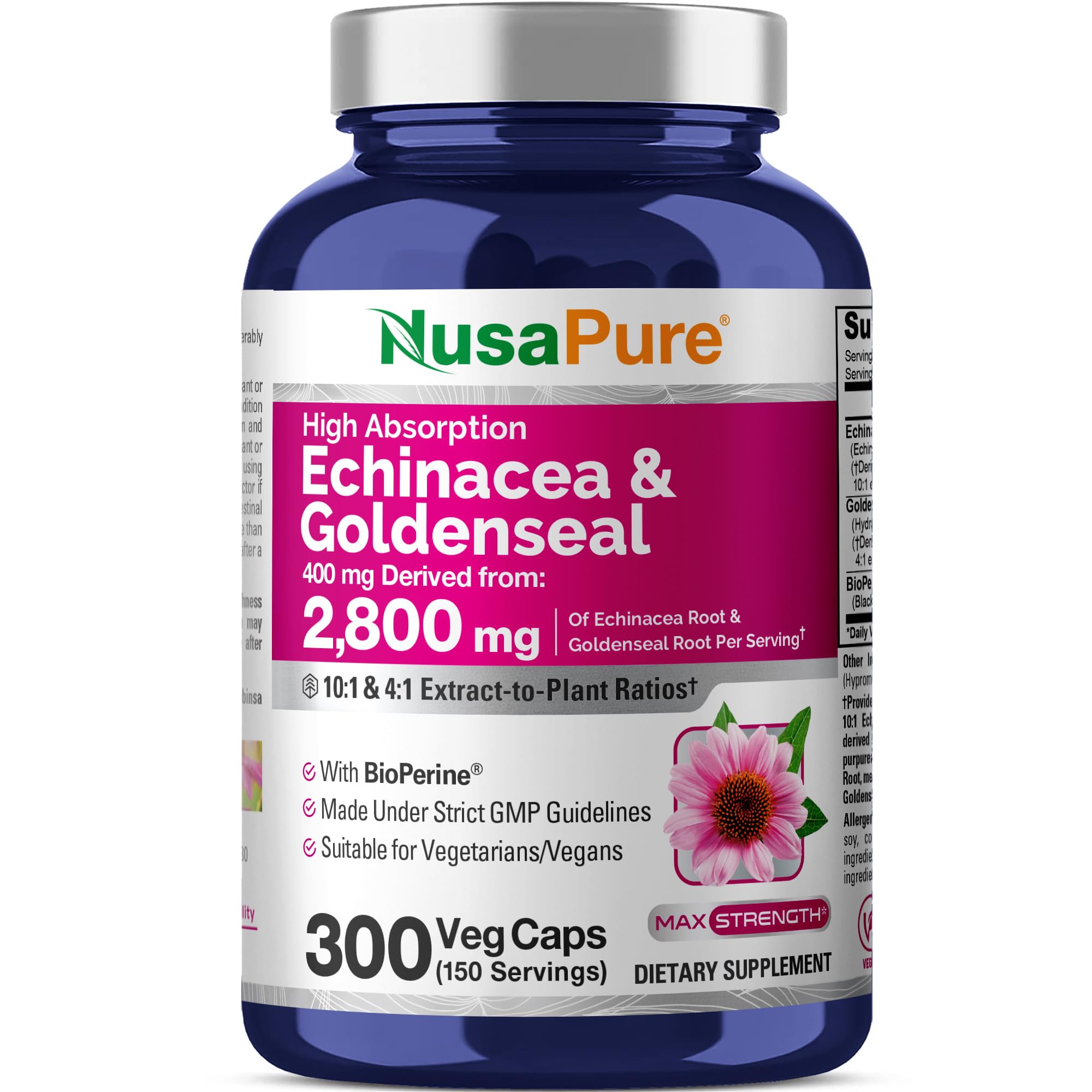 NusaPure Echinacea Goldenseal 200mg, (Extract 10:1, Equivalent to 2,000mg), 200mg, (Extract 4:1, Equivalent to 800mg) - 2800mg 300 Veggie Caps (Vegetarian, Non-GMO, Vegan) NusaPure Au supplements