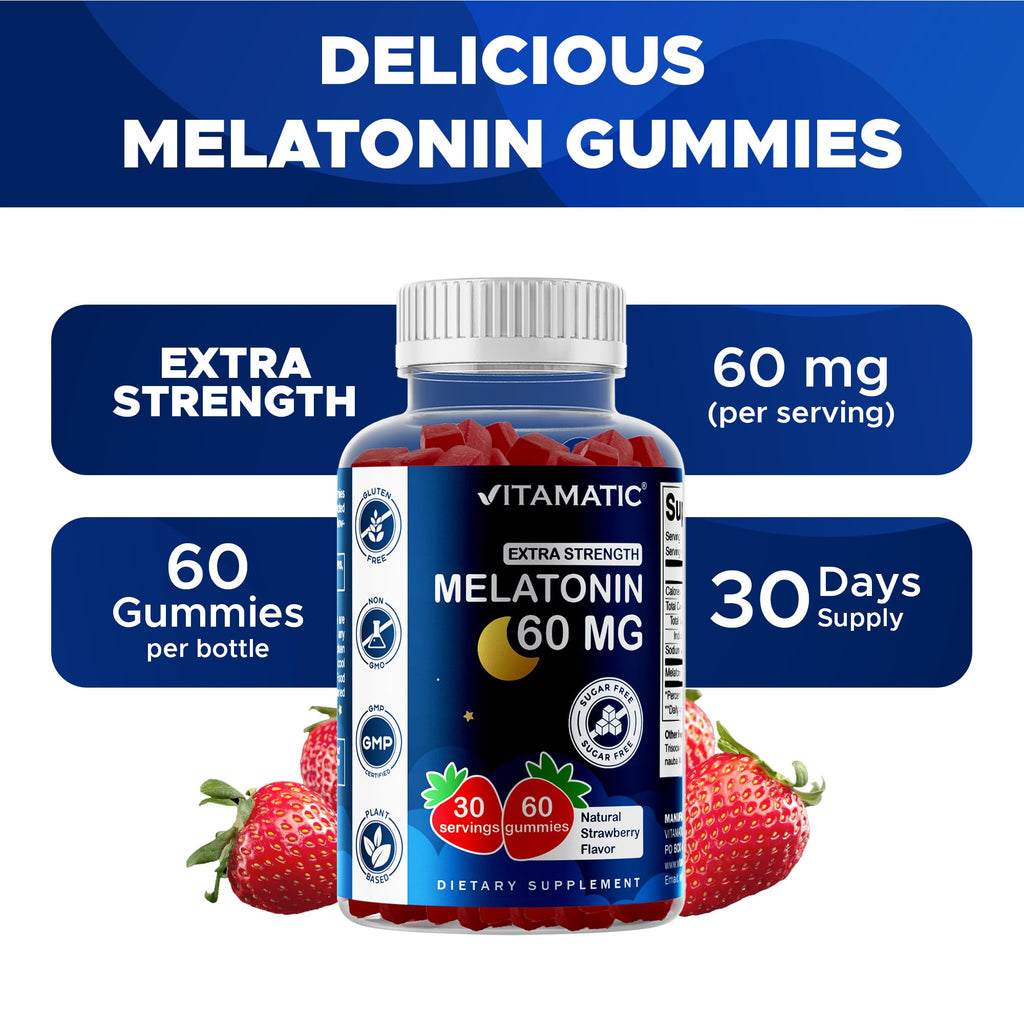 Vitamatic Sugar Free Melatonin 60 mg - 60 Vegetarian Gummies - Non-Habit Forming Supplement