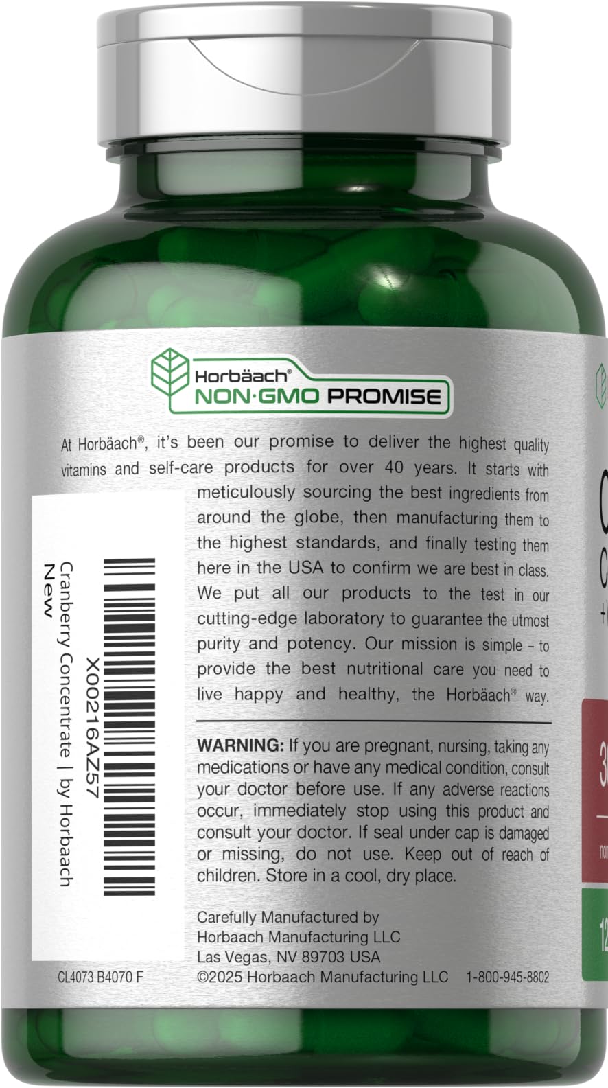Horbäach Cranberry Concentrate Extract Pills + Vitamin C | 120 Capsules | Supplement for Women and Men | Triple Strength Ultimate Potency Formula