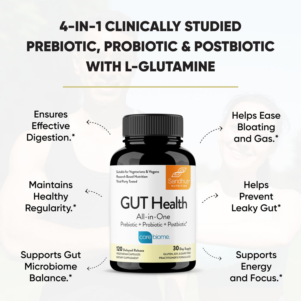 Sandhu's Gut Health - Prebiotic, Probiotic, Postbiotic & L-Glutamine | Digestive Health, Colon, Probiotic Total Supplements | 120 Delayed Release Capsules