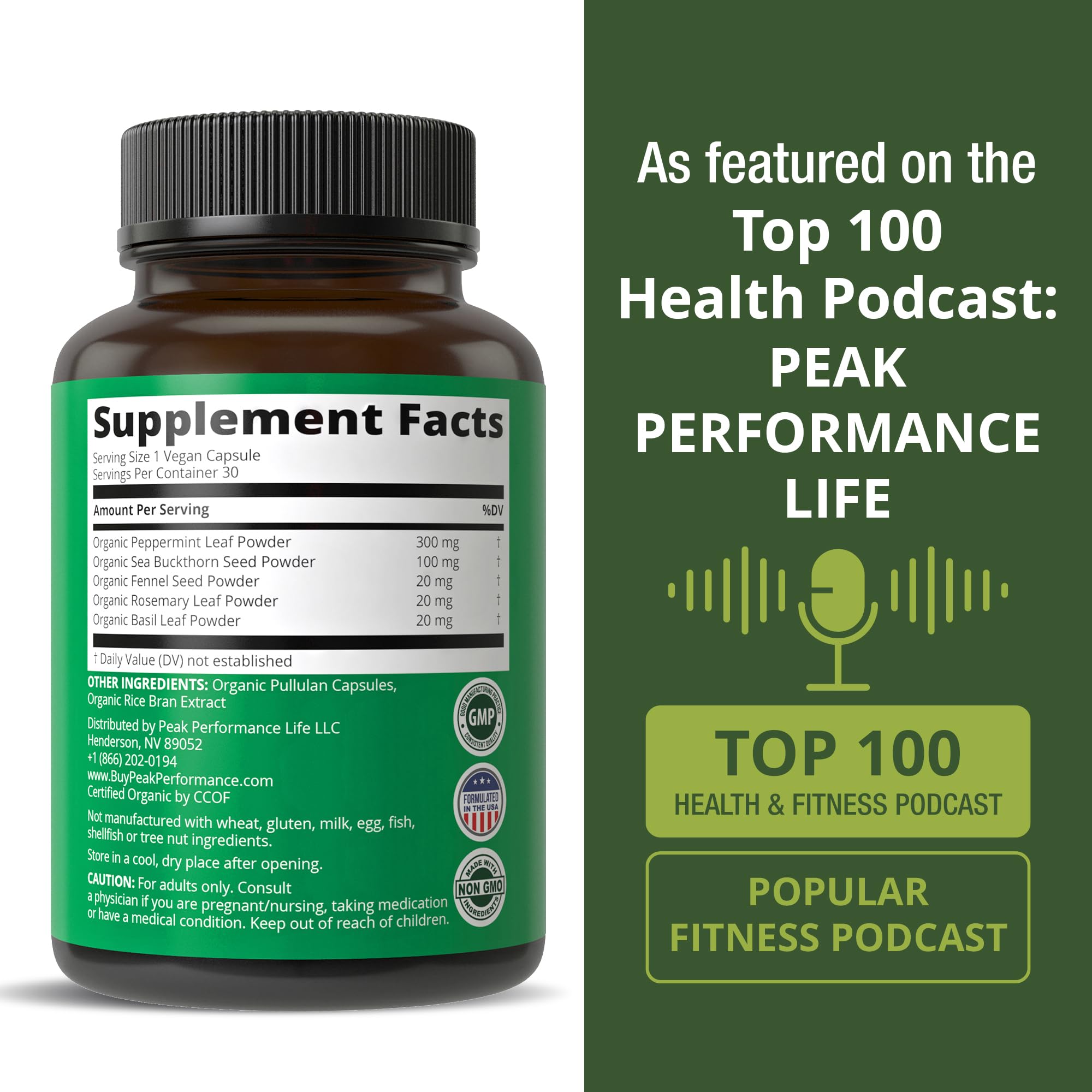 USDA Organic IBS Capsules for Relief, Ingestion, Bloating, Gas. Irritable Bowel Supplement with 5 Handpicked Organic Ingredients. Peppermint Oil, Sea Buckthorn, Fennel Seed, Rosemary Leaf, Basil Leaf Peak Performance Au supplements