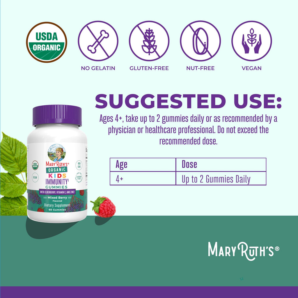MaryRuth Organics Kids Immune Support Gummies | USDA Organic | Vitamin C, Zinc, and Elderberry Gummies for Kids| Immune Support for Ages 4+ | Vegan