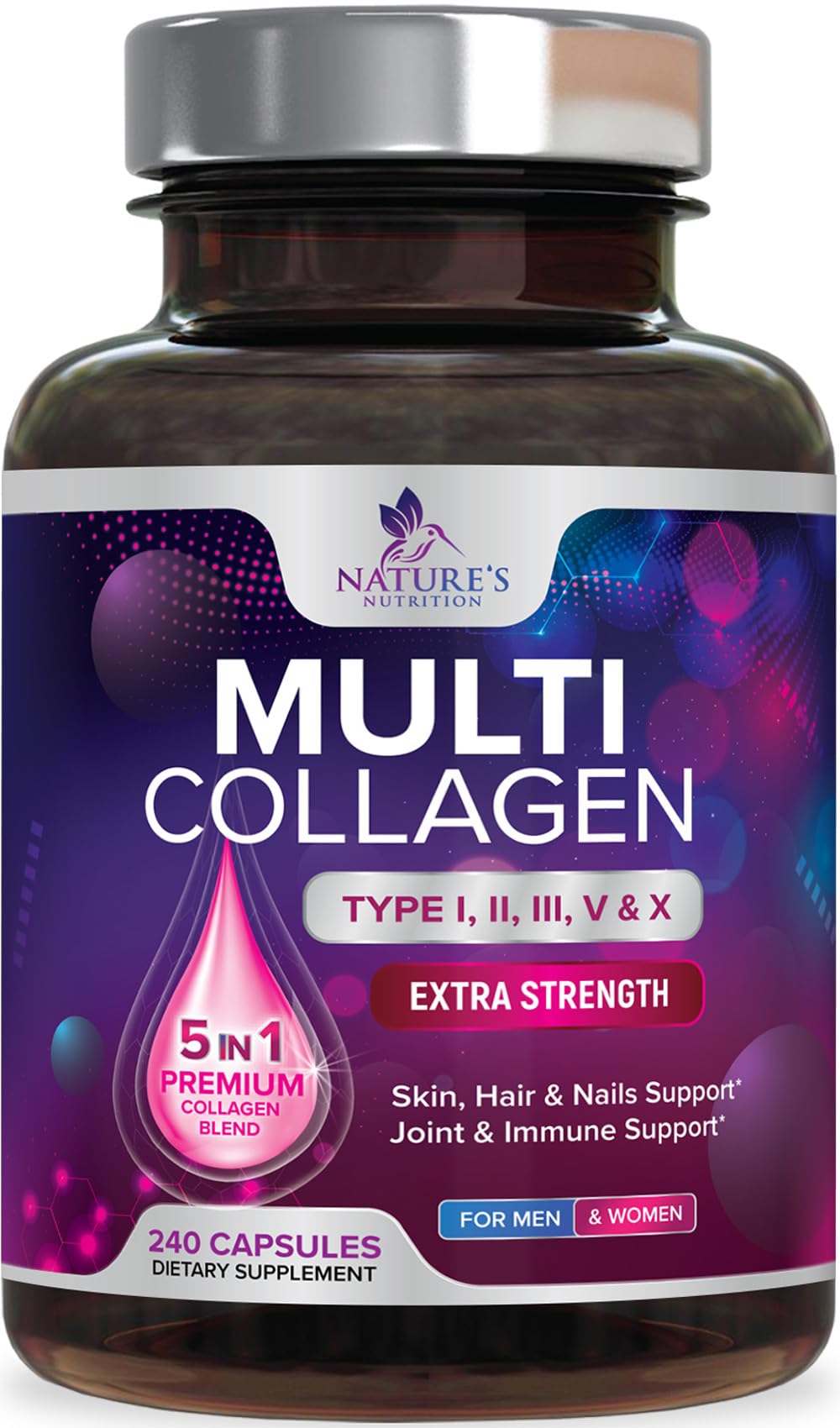 Multi Collagen Pills - Multi Collagen Complex 2400 mg Per Serving - Types I, II, III, V, X - Hydrolyzed Collagen Peptides Supplement - Hair, Skin & Nail Support
