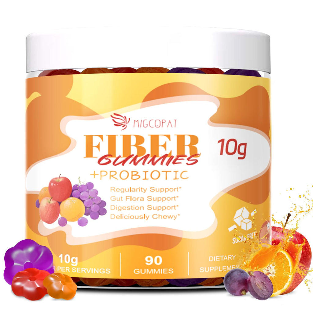 Migcopat 10G Fiber Gummies with Probiotics, Fiber Supplement with 30 Billion CFU Probiotics Blend, ACV, Vitamin C, Inulin - Support Digestive Health