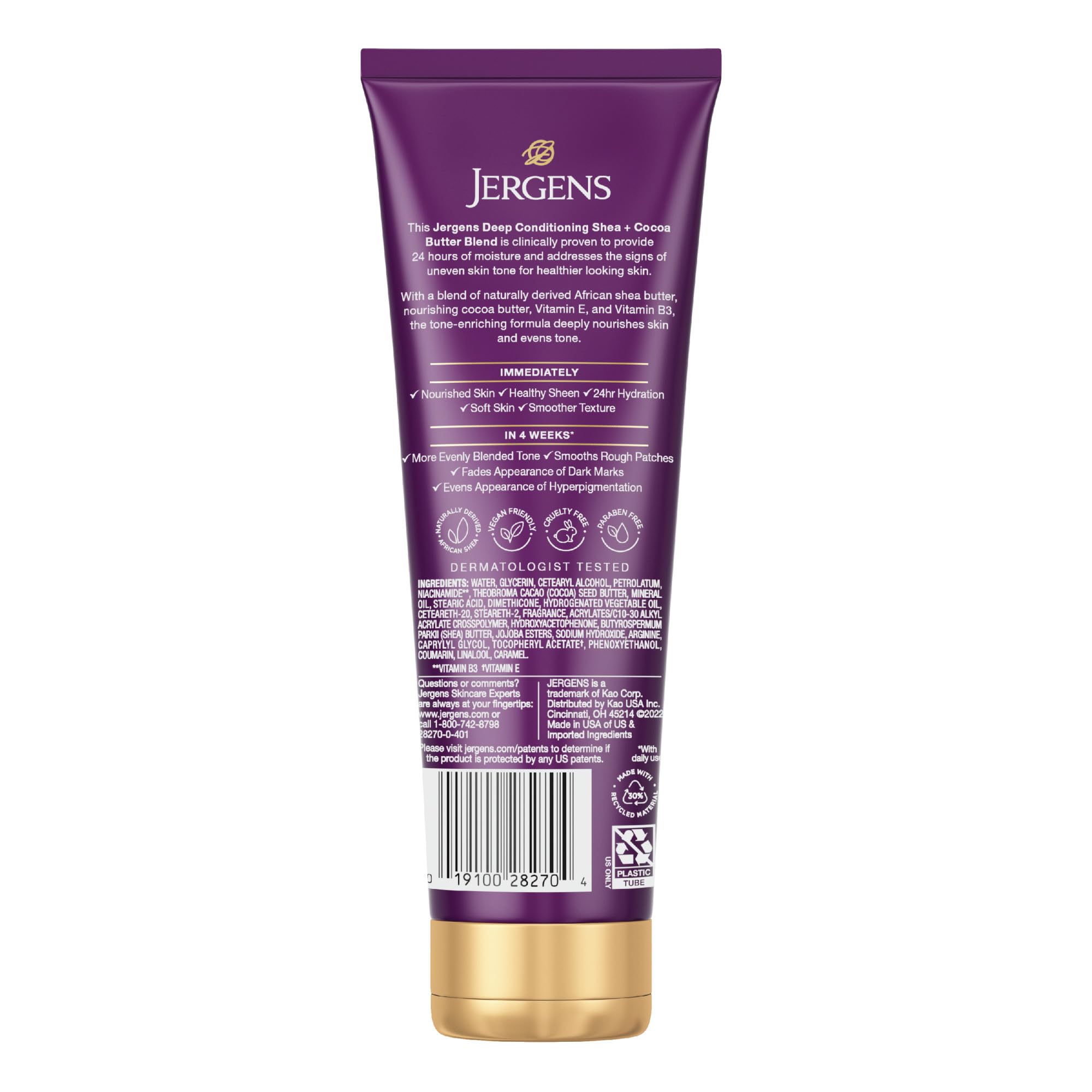 Jergens Shea and Cocoa Whipped Body Butter Lotion, Tone Enriching Hand And Body Lotion for Dry Skin, with Vitamins B3 & E, 8.5 Oz