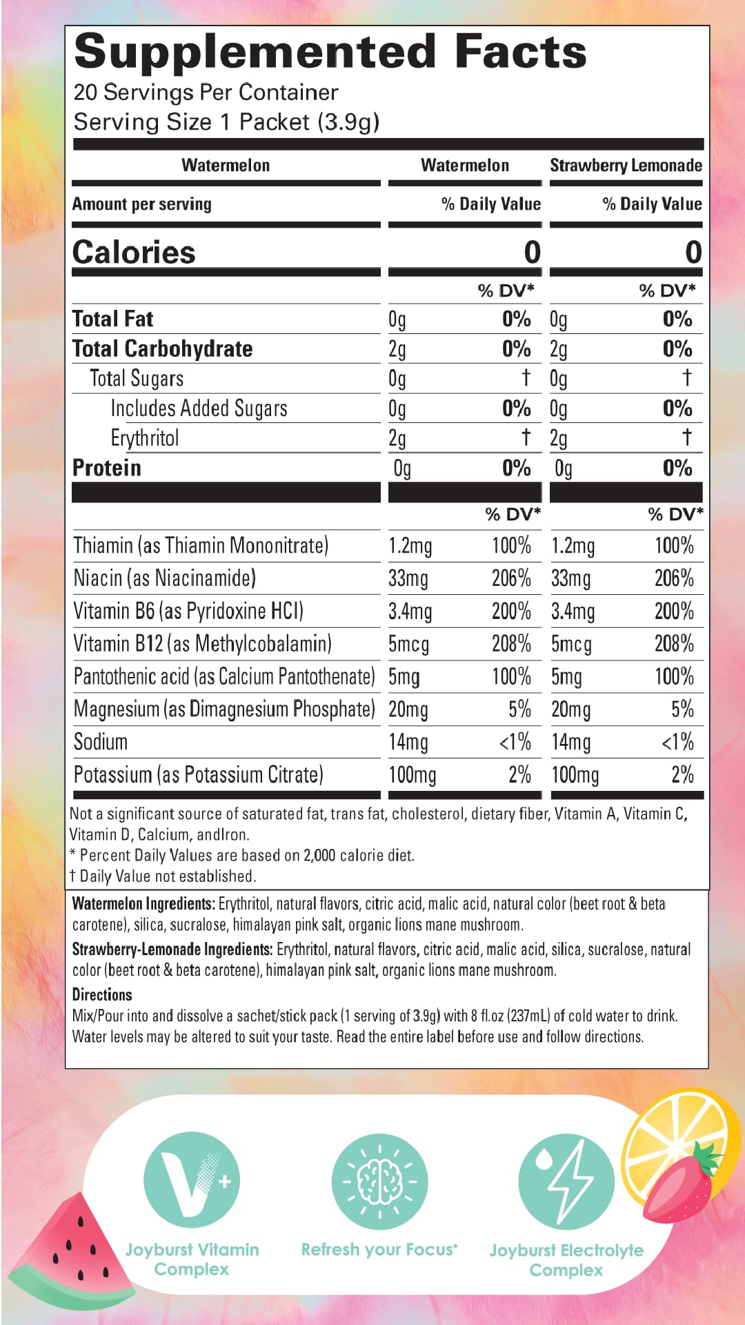Joyburst Sugar Free Electrolytes Powder Packets, Instant Hydration Drink Mix Sticks, Variety Pack (10 Watermelon, 10 Strawberry Lemonade), Rehydrate On-The-Go