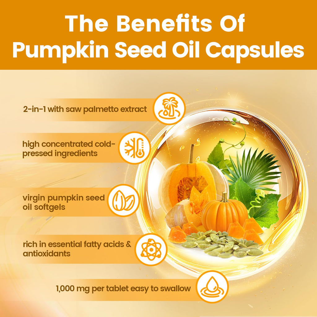 VivoNu Pumpkin Seed Oil with Saw Palmetto Capsules | Cold Pressed, Pure Virgin Oil, Essential Fatty Acids & Phytosterols | 300 SoftgelsSupports Hair, Urinary