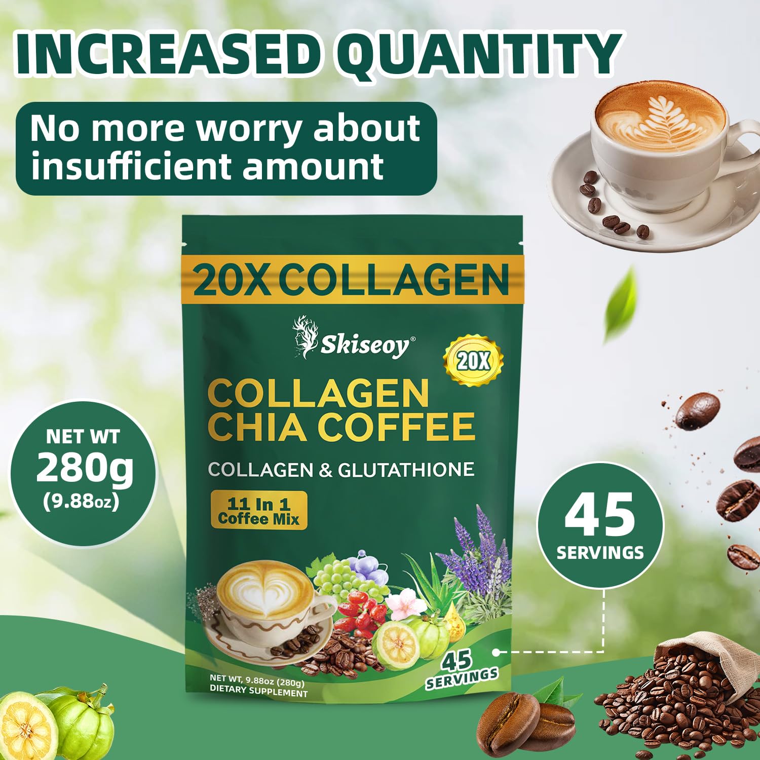 Skiseoy 20x Collagen Chia Coffee - 11-in-1 Coffee Shape Mix with L-Glutathione for Skin, Hair, Joints - Boost Energy and Focus, Vegan Friendly, 45 Servings Skiseoy Au supplements