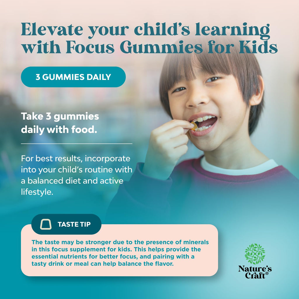Kids Focus Gummies - Nootropics Brain Support Supplement for Kids with Green Tea Extract, B6 & B12 Vitamins for Memory and Brain Focus - Herbal Concentration Chews for Children - 90 Count Natures Craft Au supplements