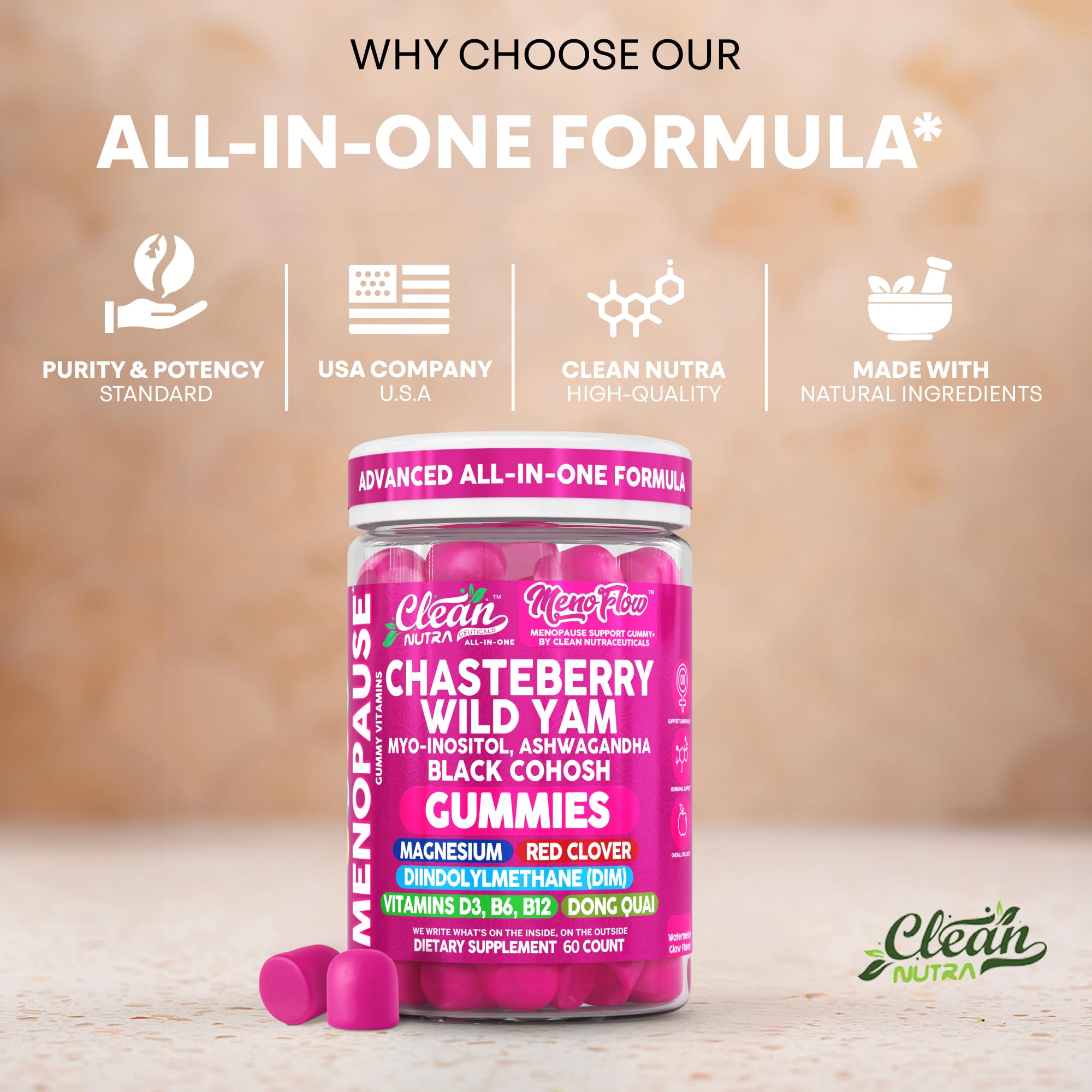 Clean Nutra Menopause Supplements for Women Chastberry Wild Yam Gummies Inositol Black Cohosh Magnesium Red Clover DIM Supplement B6 Magnesium Glycinate Glycine Vitex Hormone Balance Gummy Vitamins Clean Nutraceuticals Au supplements