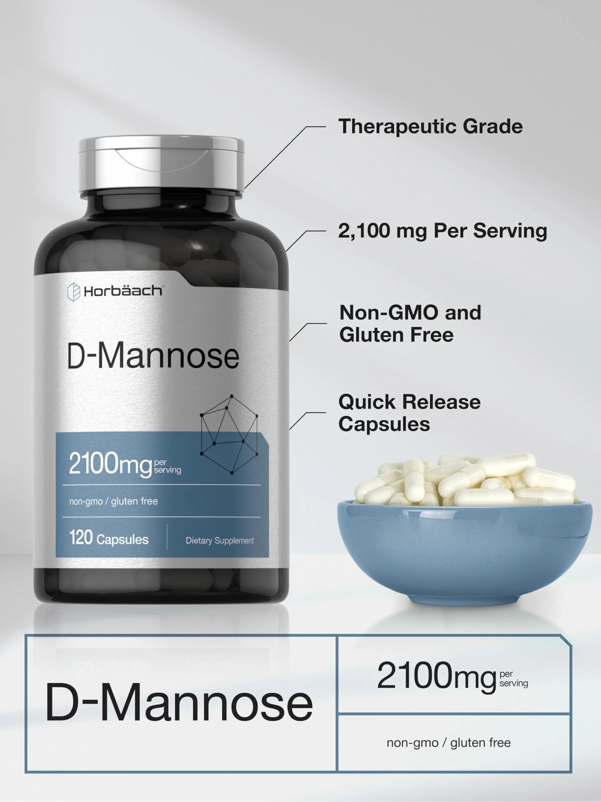 Horbäach D-Mannose Supplement 2100mg | 120 Capsules | Pills for Women and Men | Non-GMO & Gluten Free Horbäach Au supplements
