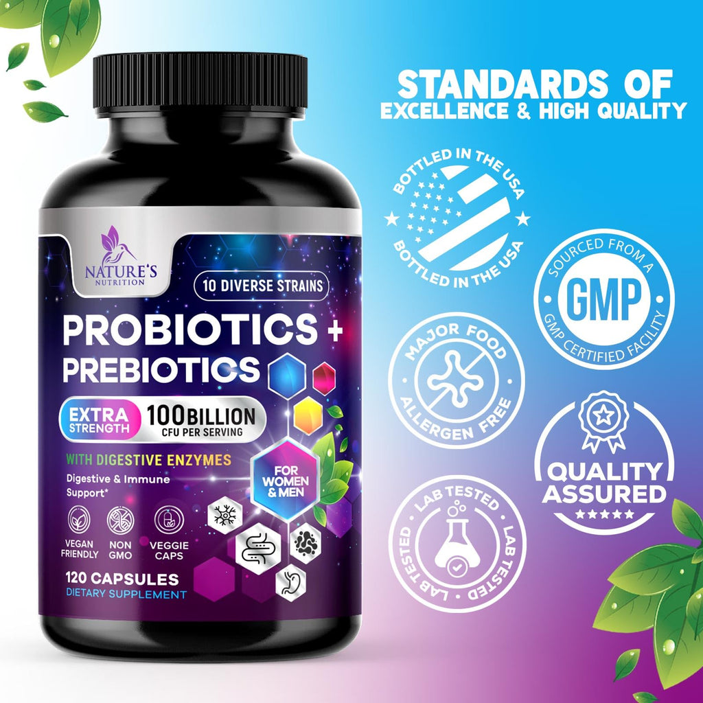 Probiotics 100 Billion CFU Per Serving - 10 Premium Strains + Prebiotics - Best Probiotic Supplement for Women & Men - Supports Immune, Digestive Health,
