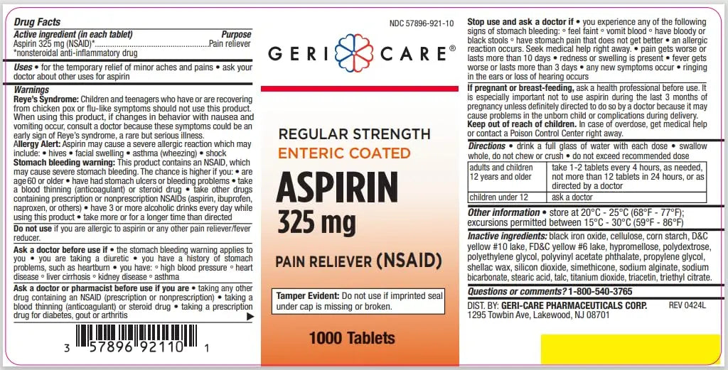 GeriCare Enteric Coated Aspirin Tablets 325mg (1000 Count) NSAID Pain Reliever & Fever Reducer for Adults- Regular Strength Aspirin for Headache Arthritis Menstrual & Muscle Pain GeriCare Au supplements