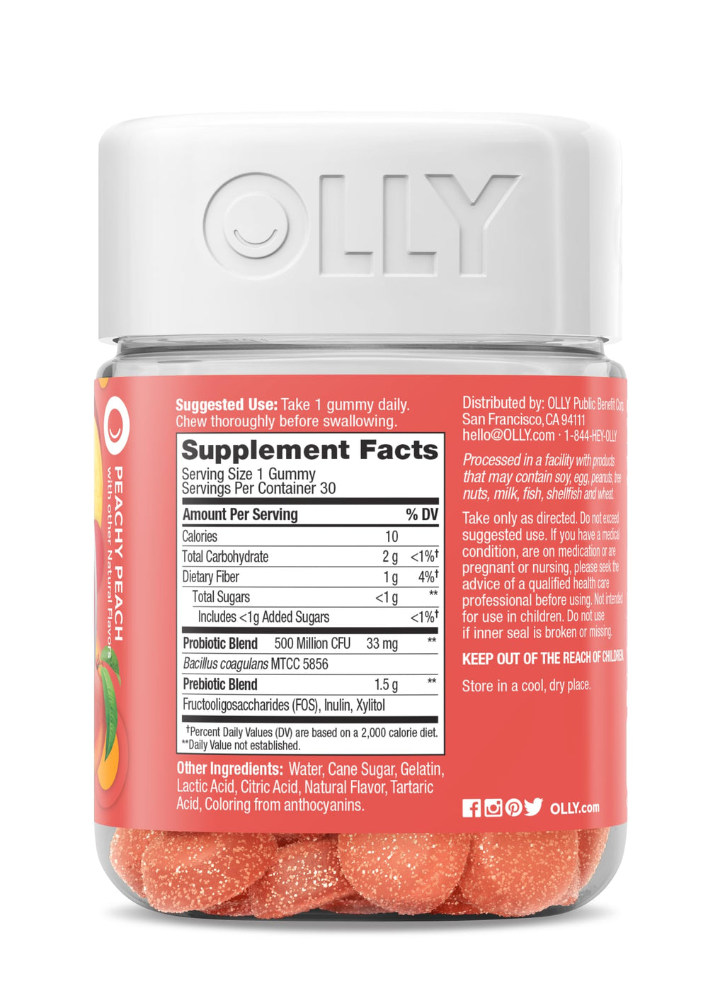 OLLY Probiotic + Prebiotic Gummy, Digestive Support and Gut Health, 500 Million CFUs, Fiber, Adult Chewable Supplement for Men and Women, Peach, 30 Day Supply - 30 Count OLLY Au supplements