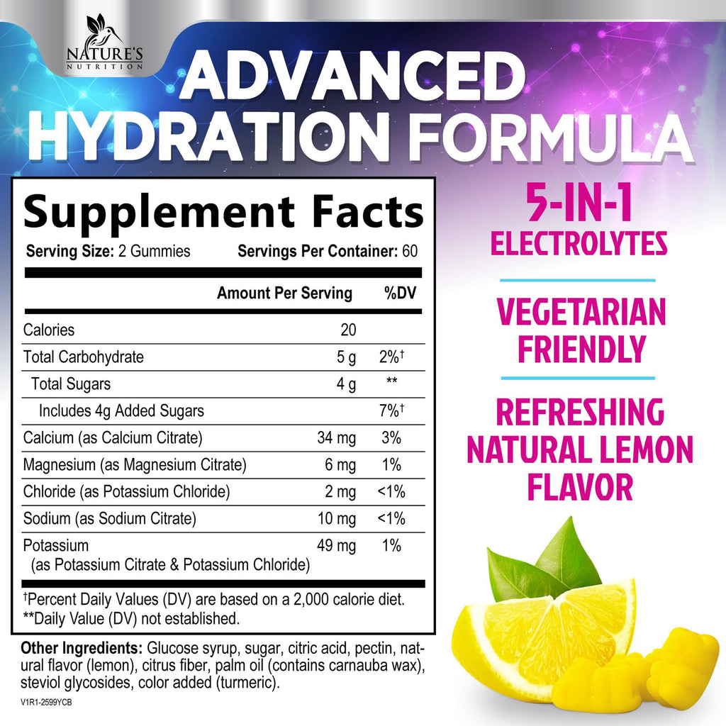 Hydration Electrolyte Gummies - Daily Liquid Replenisher Gummy - Electrolyte Multiplier with Minerals, Potassium & Real Salt - Vegan, Non-GMO - Tasty Lemon Flavor Hydration Electrolytes