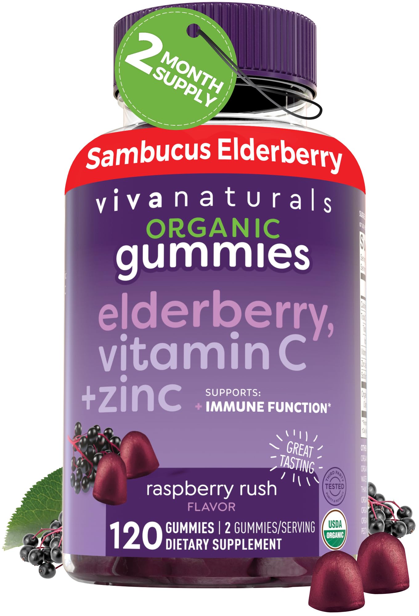 Viva Naturals Sambucus Elderberry Gummies for Adults - 150mg Black Elderberry Vitamin C and Zinc, 3-in-1 Daily Immune Support Gummies, Raspberry Rush Flavor