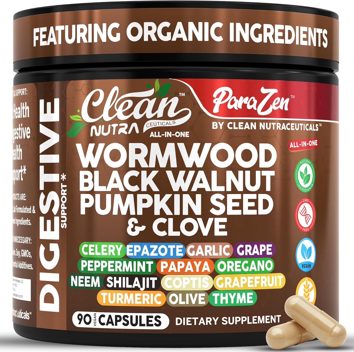 Clean Nutra Wormwood Black Walnut Pumpkin Seed Clove Oil Celery Garlic Grape Papaya Neem Diatomaceous Earth Womens Probiotic Gut Health Cleanse Detox Oregano