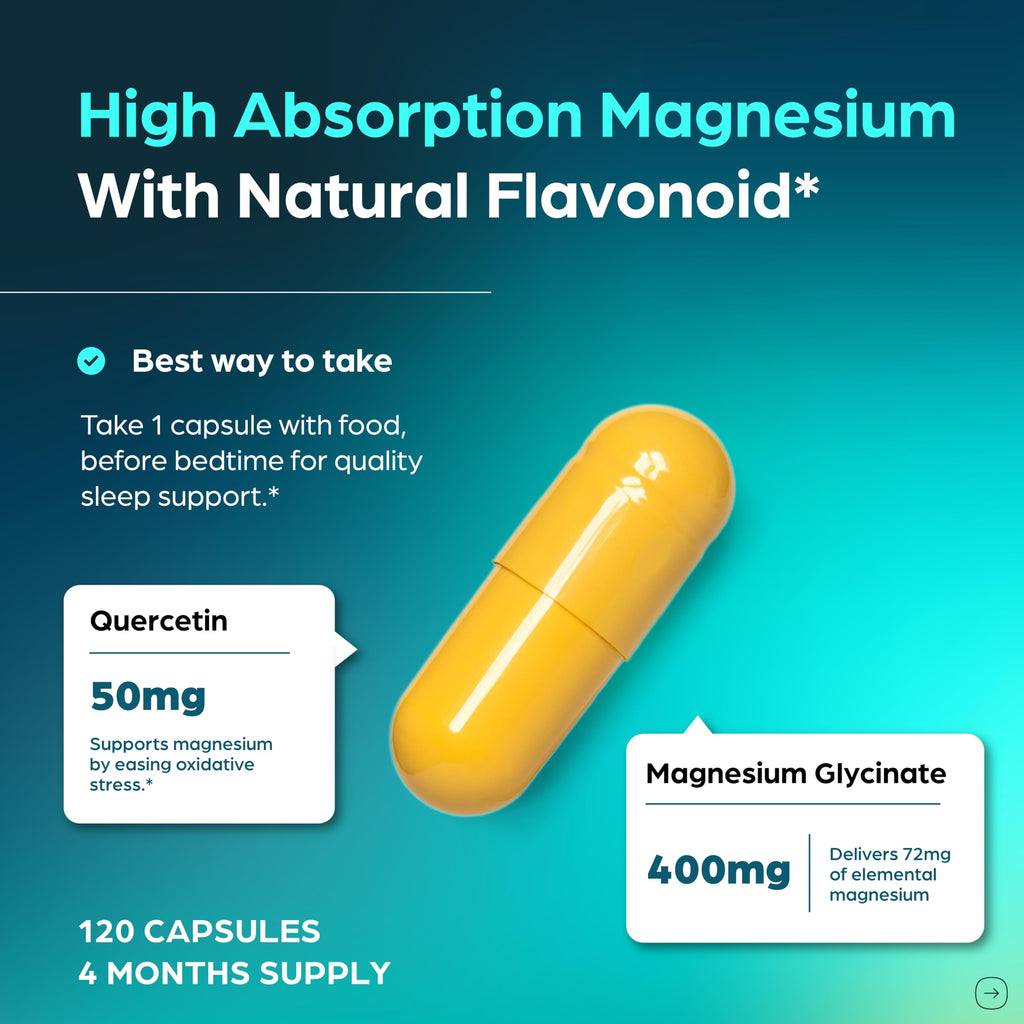 Magnesium Glycinate 400mg High Absorption Capsules with Quercetin | Quality Sleep, Relaxation & Muscle Health Supplement for Women and Men | Chelated Magnesium 120 Count
