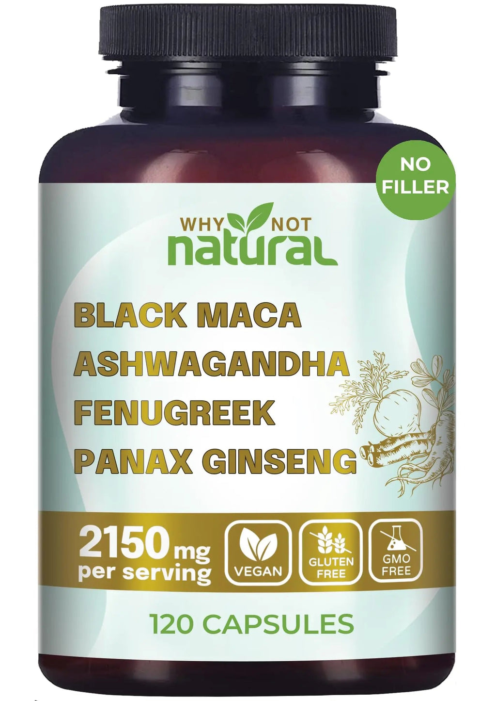 Why Not Natural 4-in-1 Organic Black Maca Root, Ashwagandha, Fenugreek, Panax Ginseng Capsules, Supplement for Men and Women (120 Count (Pack of 1) Why Not Natural Au supplements