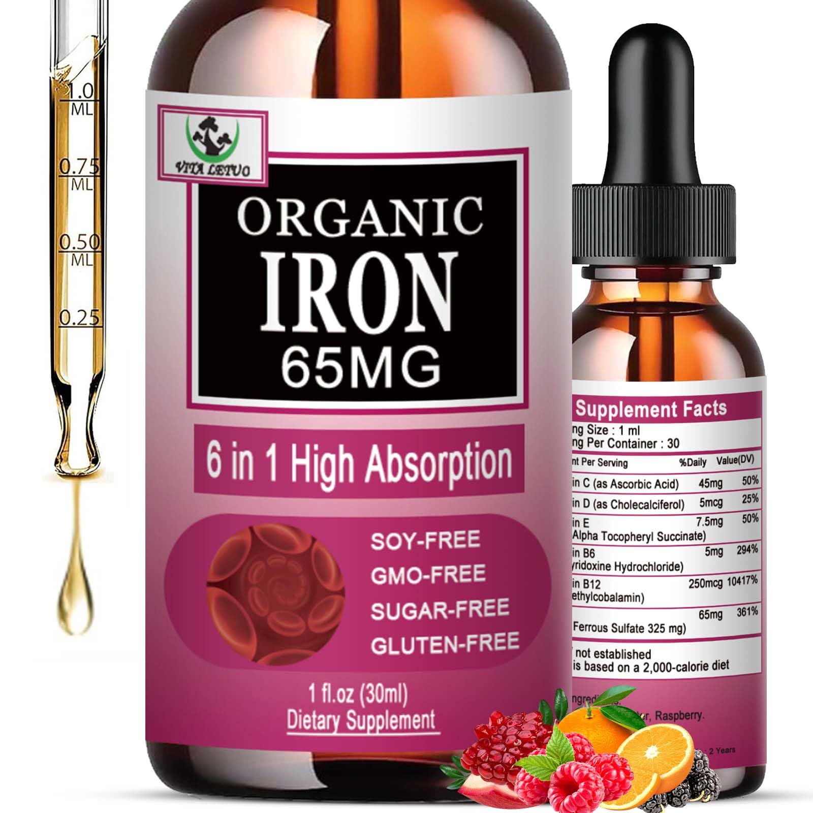 Vita letuo Iron Supplement for Women with Vitamin C,6-in-1 Liquid Supplement w/Vitamin B12,Vitamin B6,High Absorption Liquid Iron Drops for Red Blood Cells