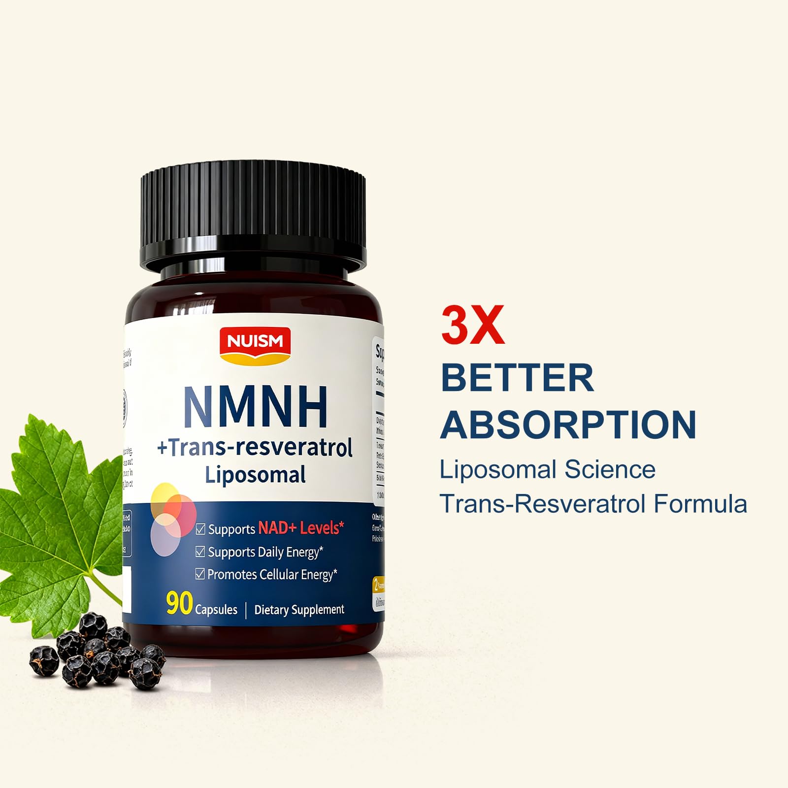 NUISM NMNH NAD+ Supplement, Liposomal 600mg NMN NAD+ and Resveratrol Complex for Cellular Energy, Healthy Aging & Metabolic Support, 90 Capsules NUISM Au supplements