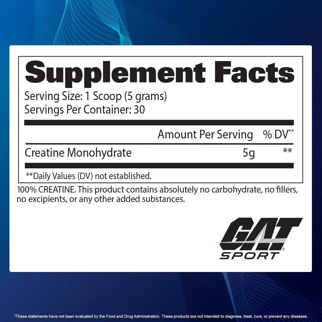 GAT SPORT Creatine Monohydrate Powder, 150 Grams, Strength, Brain Health, GLP1 Support Anti-oxidant, Endurance, for Men & Women, 1 Month Supply, Unflavored (30 Servings) GAT SPORT Au supplements