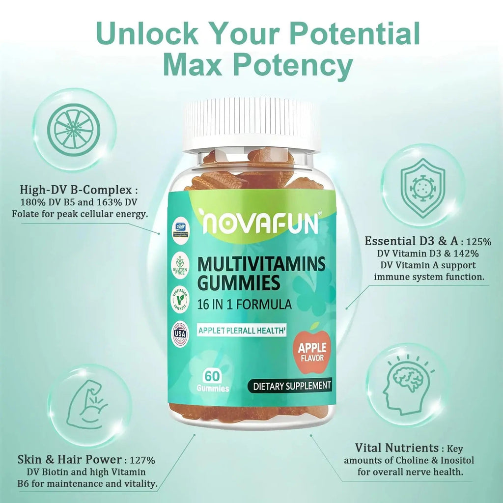Novafun Multivitamin Gummies,16-in-1 Multi Vitamin Supplements for Women, Men & Kids, Essential Vitamins & Minerals Novafun Au supplements