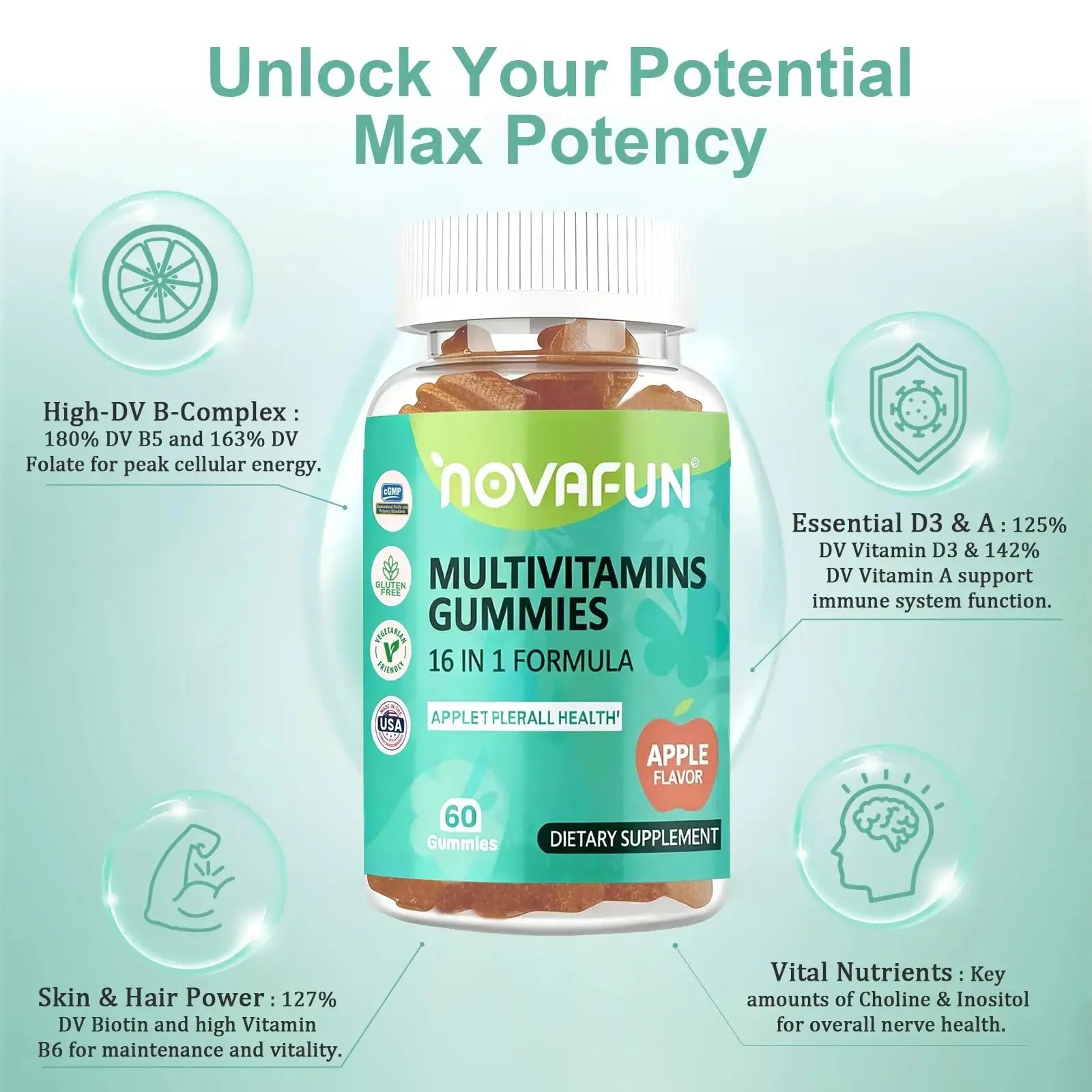 Novafun Multivitamin Gummies,16-in-1 Multi Vitamin Supplements for Women, Men & Kids, Essential Vitamins & Minerals Novafun Au supplements