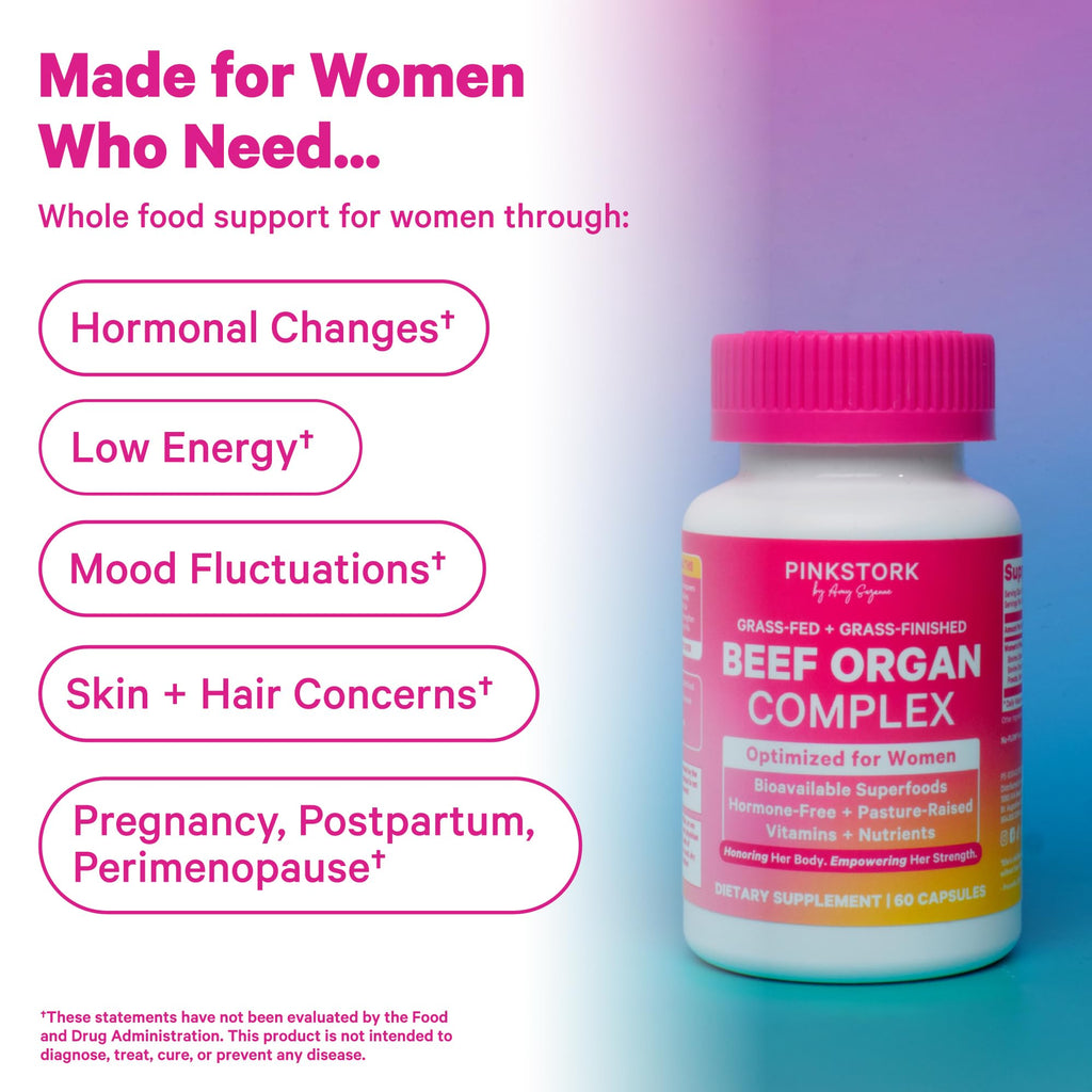 Pink Stork Beef Organ Supplement for Women | Grass-Fed Beef Liver Capsules with Iron, B12, CoQ10, Vitamin A | Primal Multivitamin for Female Hormone + Energy Support | 60 Capsules Pink Stork Au supplements