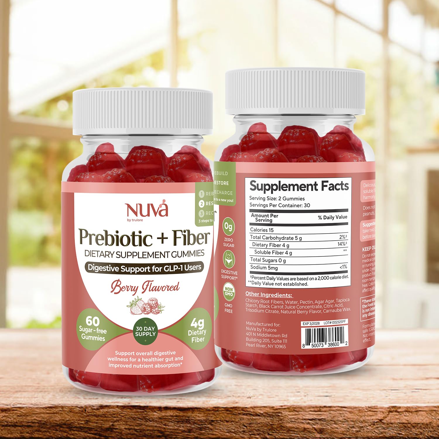 NuVa by Trulore Prebiotic + Fiber Gummies |  User Nutritional Support | Sugar Free Fiber Gummies for Adults | Berry Flavor | Non-GMO Digestive Balance for Men & Women | 60 Gummies - 30 day Supply