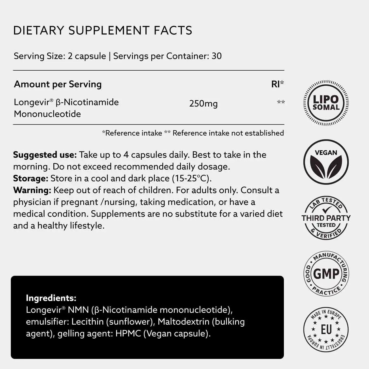 PUROVITALIS Liposomal NMN, 250mg Longevir Nicotinamide Mononucleotide Supplement, NAD+ Boost for Cellular Health, Energy & Healthy Aging, 1-Month Supply (60 Vegan Capsules) PUROVITALIS Au supplements