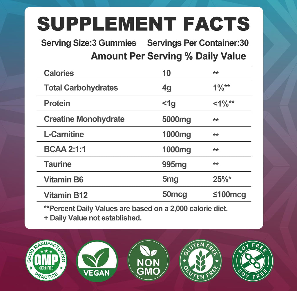 Creatine Monohydrate 8000mg Gummies with BCAA, L-Carnitine, Taurine & Vitamin B12 - Pre Workout Supplement for Muscle Growth, Strength & Energy, Multi-Flavor Chewable Gummies,