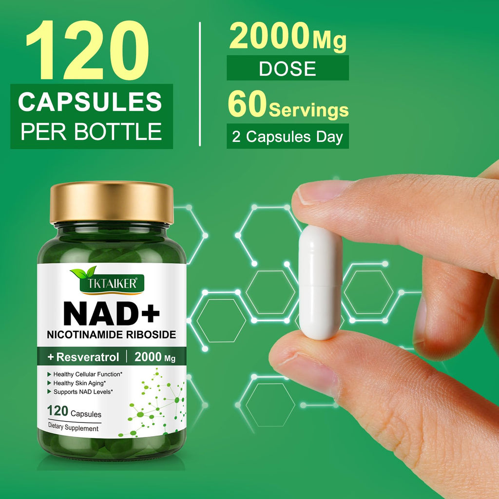 TKTALKER NAD Supplement 2000 Mg - 120 Capsules True NAD & Resveratrol, NMN Alternative Liposomal NAD+ for Women & Men, Support Cellular Health