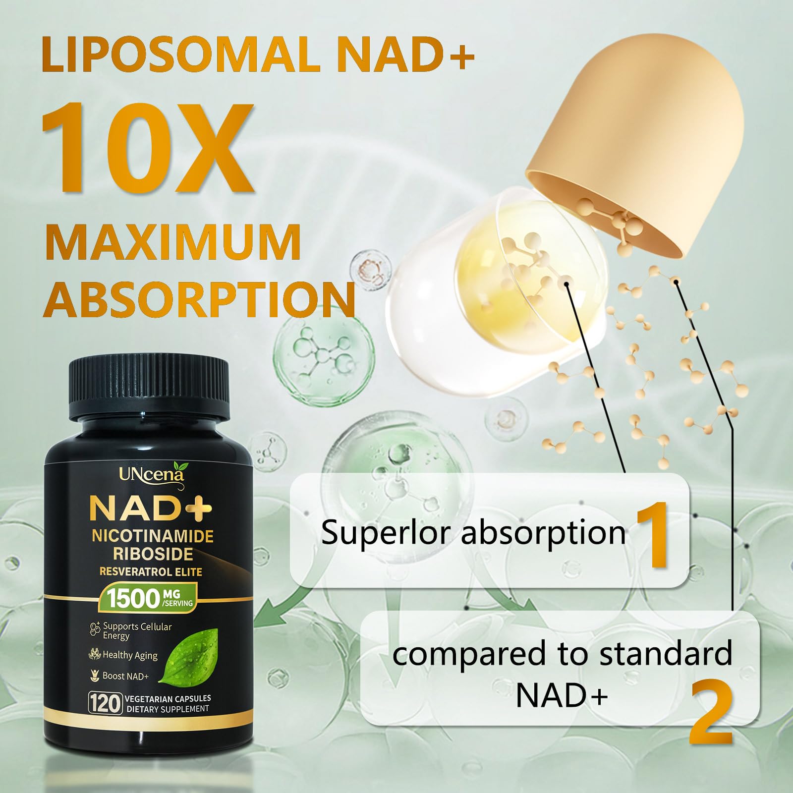 UNcena NAD Supplement 1500mg - Liposomal NAD+ Nicotinamide Riboside with Resveratrol, NAD Plus Boosting - Support Cellular Health, Stamina & Healthy Aging for Women & Men- 120 Capsules UNcena Au supplements