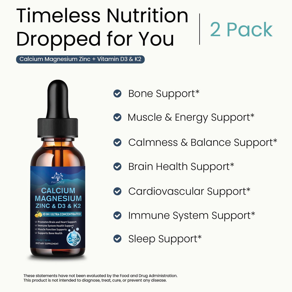 (2 Pack) 10 in 1 Magnesium Calcium Zinc Supplement with Vitamin C D3 K2, Glycinate Mag Vegan Liquid Drops Plus L-Theanine Boron Sea Moss Extract, Immune Support