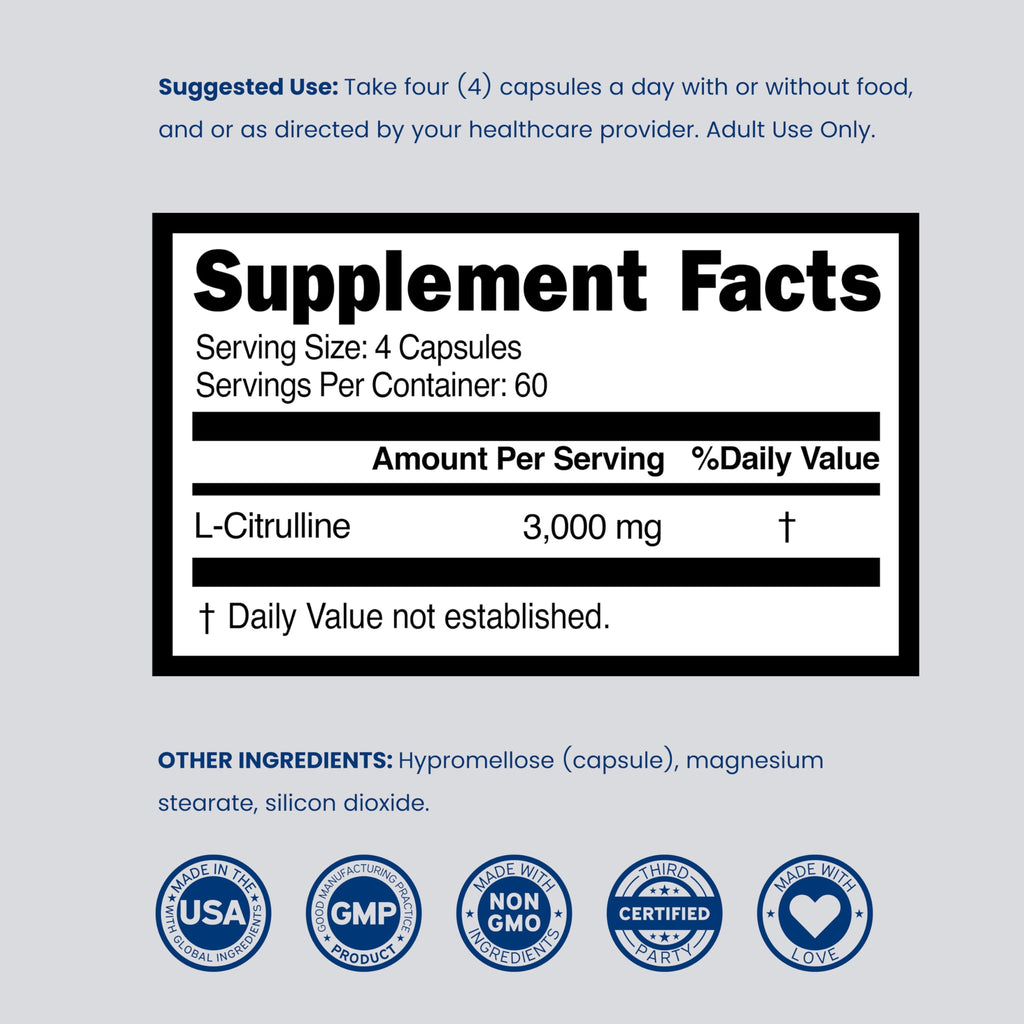 L Citrulline 3000mg Supplement (240 Capsules) Support L Arginine & Nitric Oxide Pills - L-Citrulline For Men & Women - Muscle Recovery & Pump Supplement