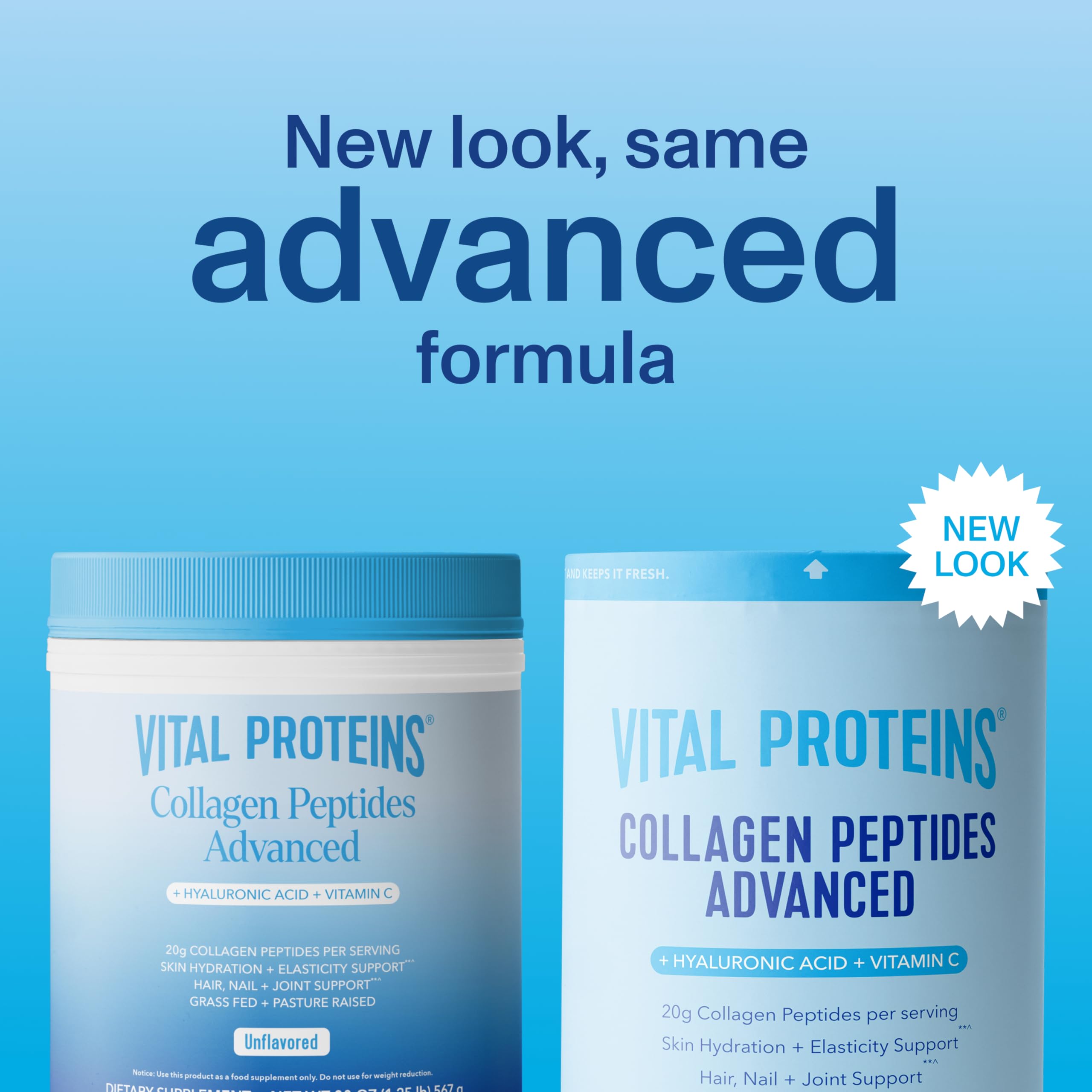 Vital Proteins Collagen Peptides Powder Advanced with Hyaluronic Acid & Vitamin C, 20oz Collagen Protein, Unflavored, 27 Servings