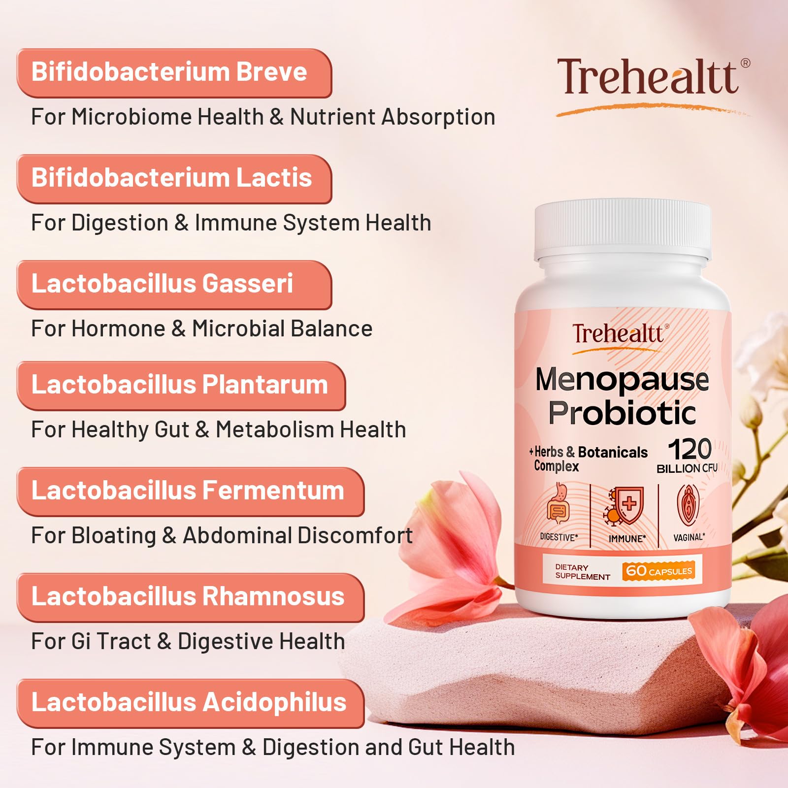 Menopause supplements for women, 120 Billion CFU Probiotic, 13-in-1 Herbs & Botanicals Complex, for Hormone Menopause, Hot Flashes, Night Sweats, Mood Swings, Sleep Disturbances, Vegan, 60 Capsules Trehealtt Au supplements