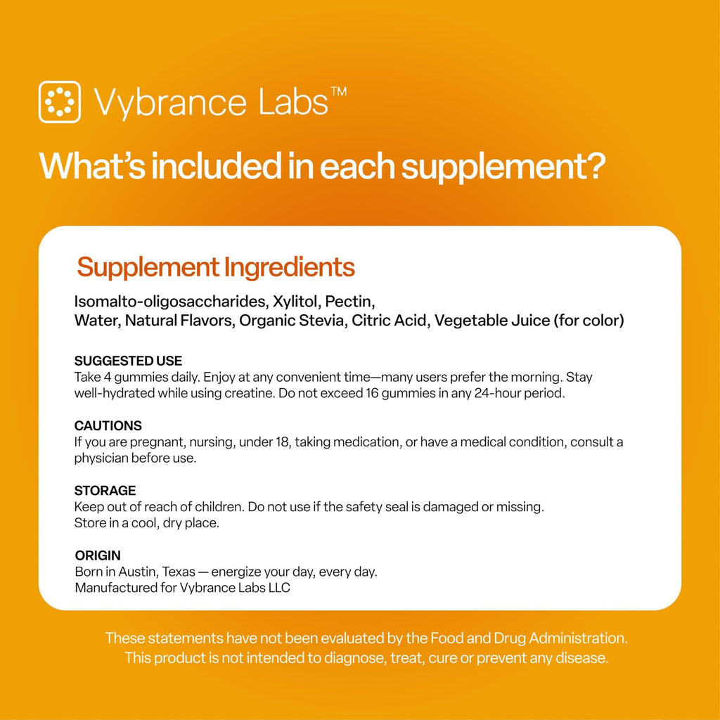 VYBRANCE LABS Creapure Creatine Gummies 5g + Taurine & B12 - Sugar-Free, Vegan, Gluten-Free - Citrus Mango - 120 Count (30 Servings) for Strength, Energy & Focus VYBRANCE LABS Au supplements