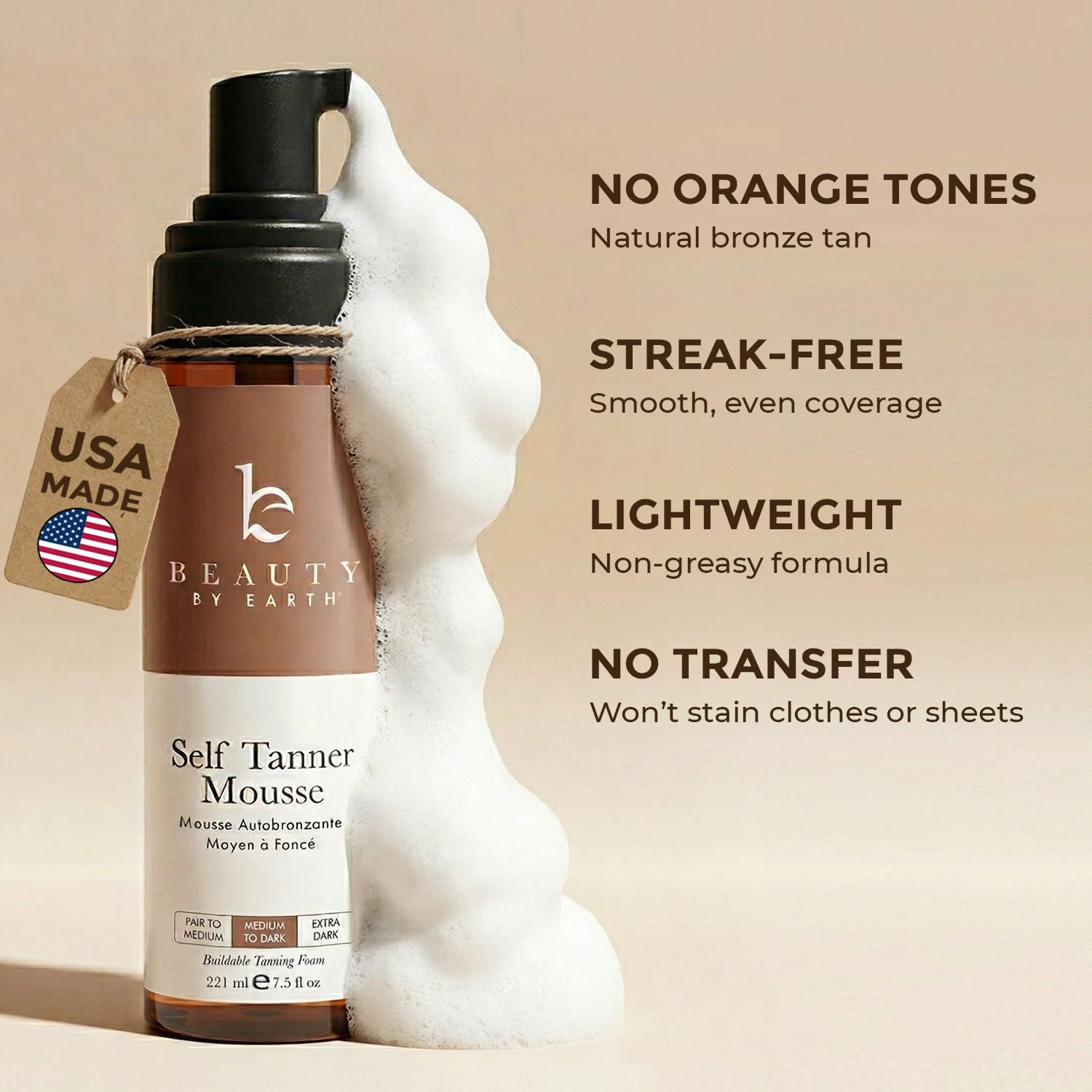 Self Tanner Mousse - USA Made with Natural & Organic Ingredients, Self Tanning Mousse for Dark Fake Tan, Sunless Tanner