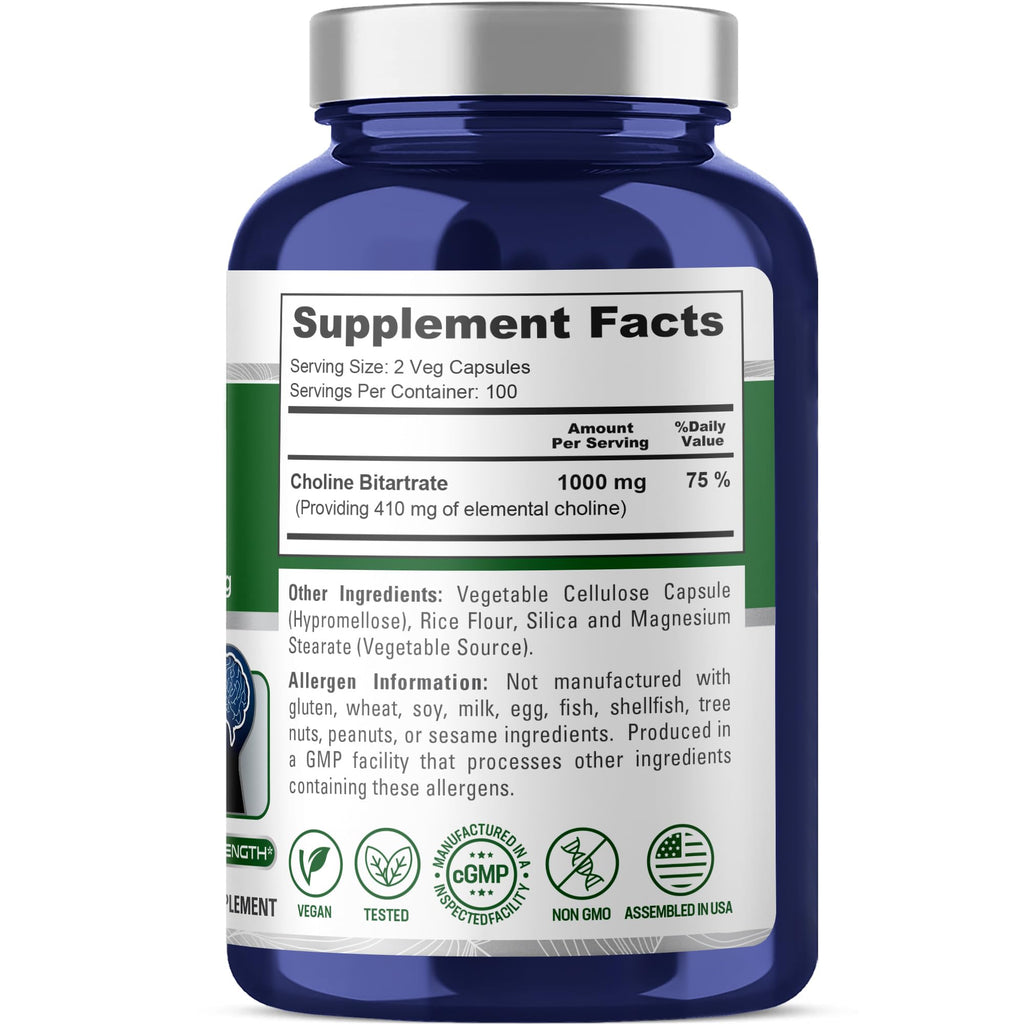 NusaPure Choline Bitartrate - Suitable for Vegetarian/Vegan, Non - GMO - 1000 mg 200 Capsules NusaPure Au supplements