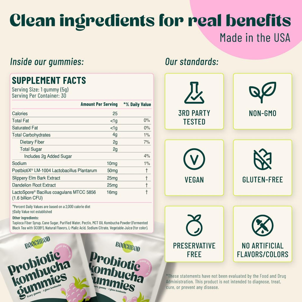 BoochBod - Probiotic Kombucha Gummy - Prebiotics, Probiotics, Postbiotics, Fiber Supplement, Slippery Elm, Dandelion Root