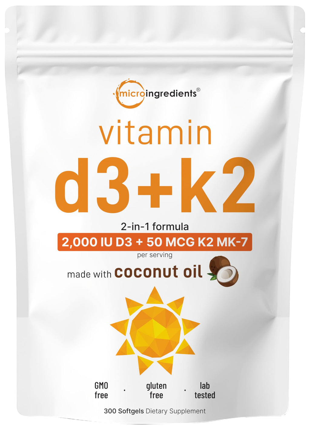Micro Ingredients Vitamin D3 2,000 IU + K2 MK-7 50 mcg, 300 Softgels | Virgin Coconut Oil | 2-in-1 Support | Easy to Swallow, Non-GMO