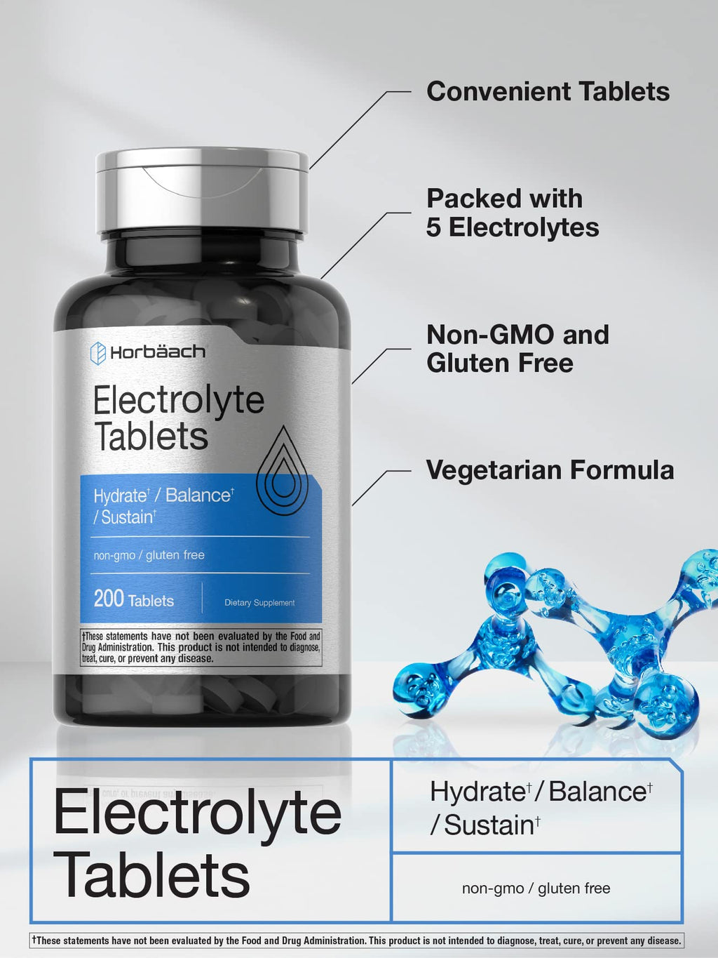 Horbäach Electrolyte Tablets | 200 Count | Helps Hydrate, Balance, & Sustain | with Calcium, Magnesium, Chloride, Sodium and Potassium | Vegetarian, Non-GMO & Gluten Free