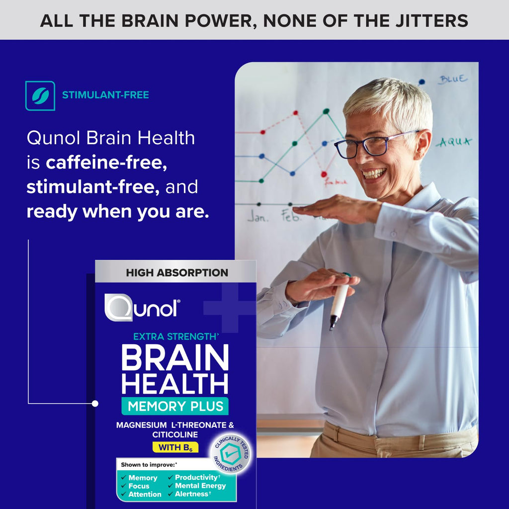 Qunol Brain Health Memory Plus with B6, Magnesium L-Threonate & Citicoline, Clinically Tested Ingredients to Improve Memory, Focus, Attention and Productivity, 90 Count Qunol Au supplements